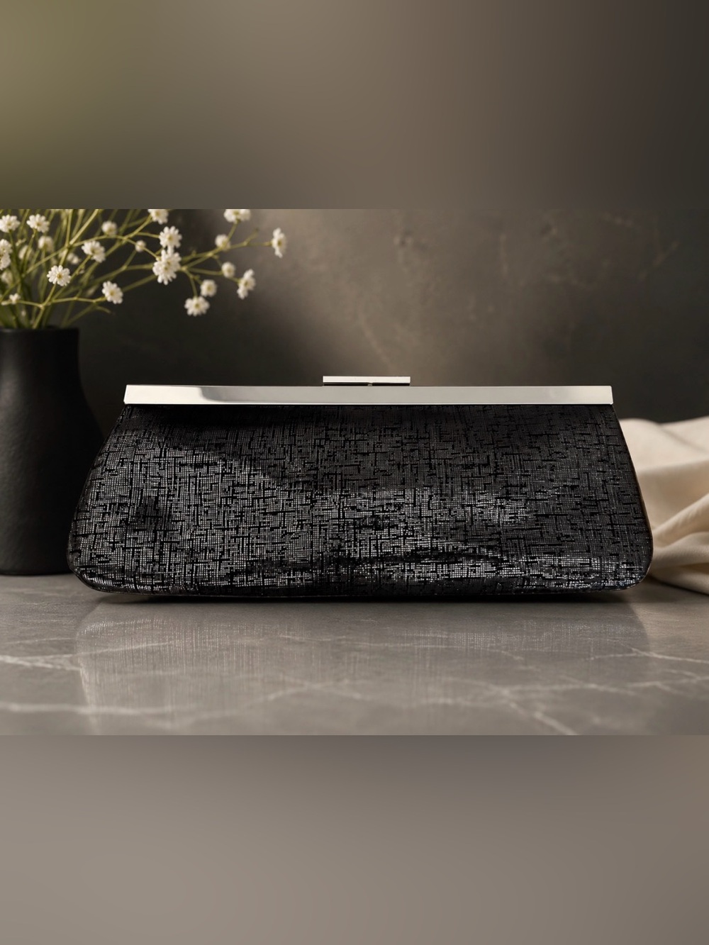 Calvin Klein Elegant Black Clutch with Silver Accents (NWOT)